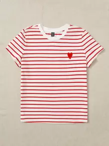 SHEIN EZwear Heart Embroidery Striped Tee