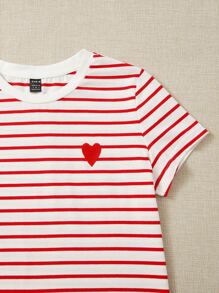 SHEIN EZwear Heart Embroidery Striped Tee