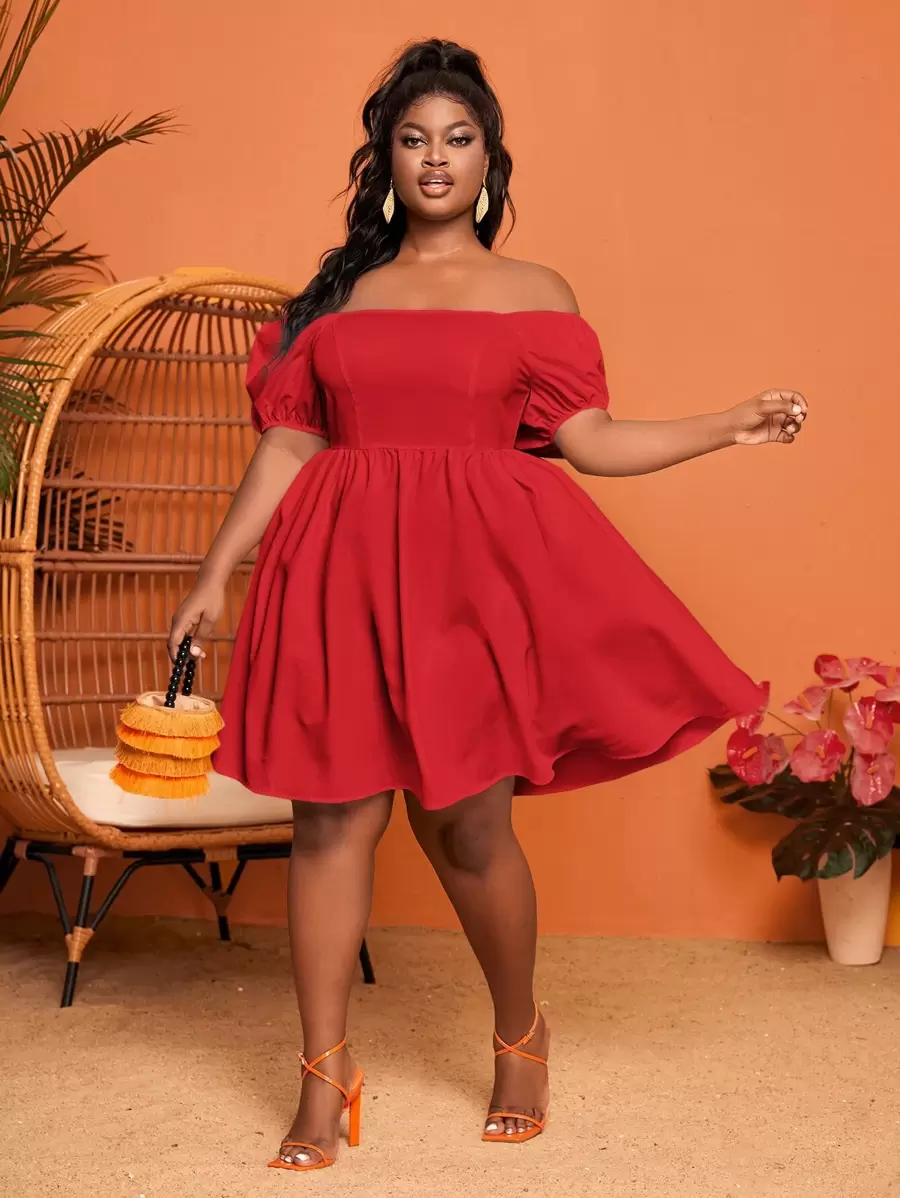 Slaydiva Plus Off Shoulder Puff Sleeve Dress