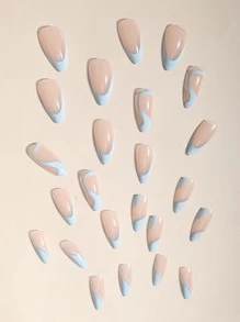 Mejore su aspecto con 24 uñas postizas cortas de almendra azul cielo con rayas francesas y 1 lima de uñas y 1 hoja de cinta - Celeste - Ver 5