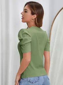 SHEIN Clasi 泡泡袖圓領T恤 - 青檸色 - 查看 2