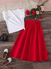 SHEIN Tween Girl Figure Print Tee & Belted Button Front Skirt - Red and White - View 2