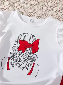 SHEIN Tween Girl Figure Print Tee & Belted Button Front Skirt - Red and White - View 3