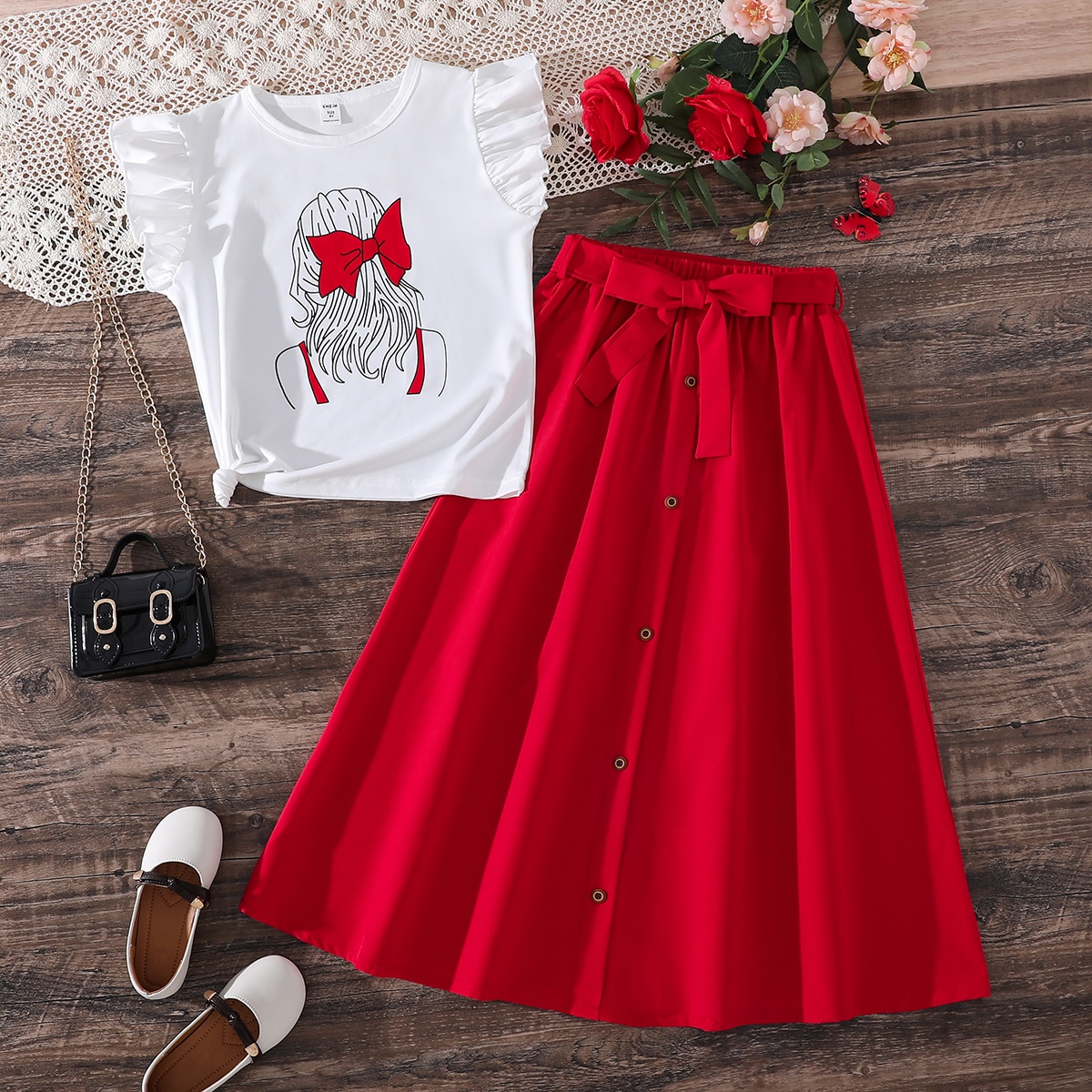 Camiseta Con Estampado De Figura Para Niñas En Etapa Intermedia Y Falda Con Botones Y Cinturón