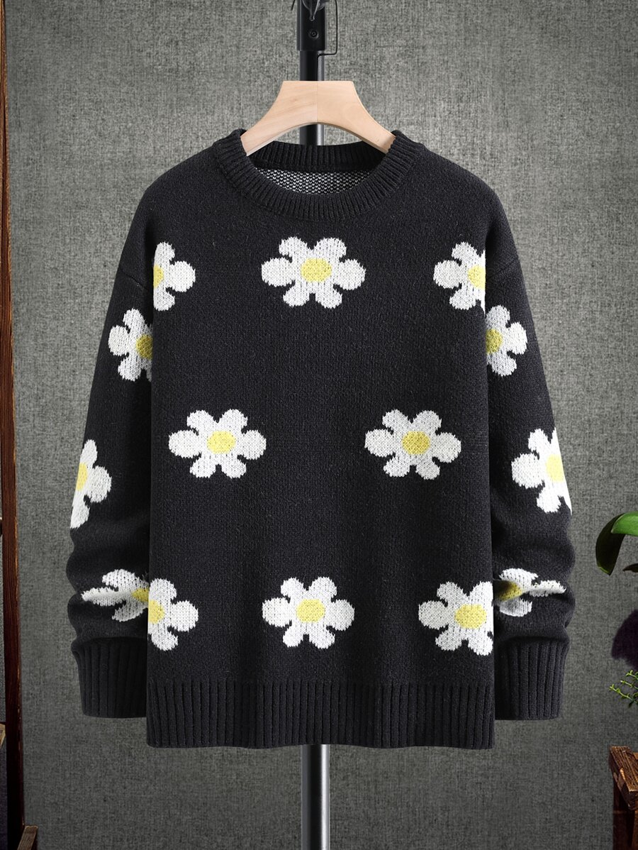Manfinity Men Floral Pattern Drop Shoulder Jumper - Black - View 1