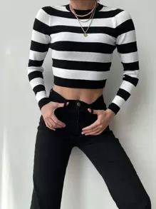 EURMUSE Pulover din tricot cu coaste cu model în dungi - Alb-negru - Vizualizare 1