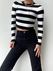 EURMUSE Pulover din tricot cu coaste cu model în dungi - Alb-negru - Vizualizare 3