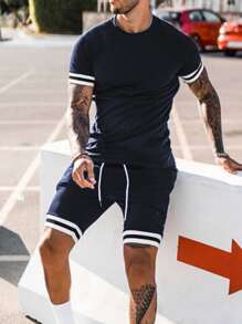 Manfinity Homme Men Striped Trim Tee & Drawstring Waist Shorts