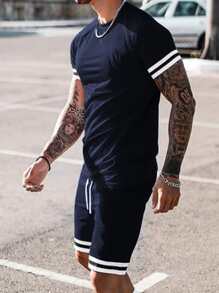 Manfinity Homme Men Striped Trim Tee & Drawstring Waist Shorts