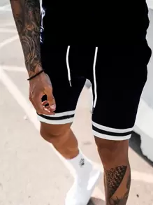 Manfinity Homme Men Striped Trim Tee & Drawstring Waist Shorts