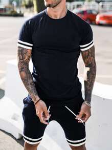 Manfinity Homme Men Striped Trim Tee & Drawstring Waist Shorts