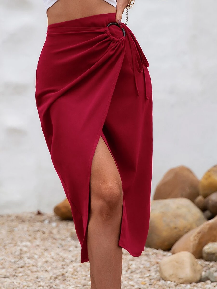 SHEIN SXY O形環細節圍裹下擺半身裙 - 酒紅色 - 查看 1