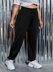 CovetEZ Plus Size Quần thể thao Dây kéo Pha lê kim cương Lá thư - màu đen - Xem 2