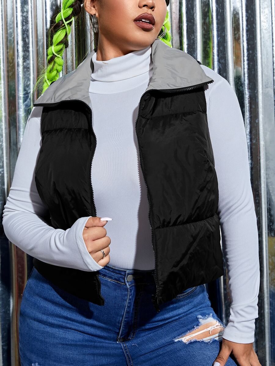 SHEIN EZwear Plus Zip Front Vest Double Face Padded Coat - Black - View 1