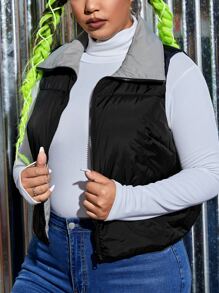 SHEIN EZwear Plus Zip Front Vest Double Face Padded Coat - Black - View 3