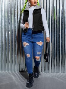 SHEIN EZwear Plus Zip Front Vest Double Face Padded Coat - Black - View 6