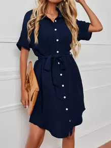 SHEIN LUNE 蝙蝠袖腰帶襯衫洋裝