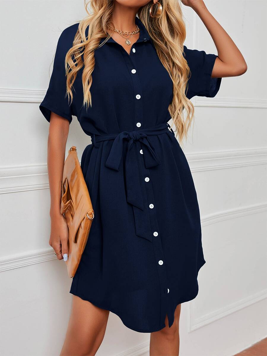 SHEIN LUNE 蝙蝠袖腰帶襯衫洋裝