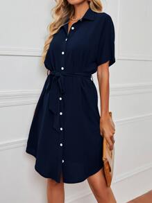 SHEIN LUNE 蝙蝠袖腰帶襯衫洋裝