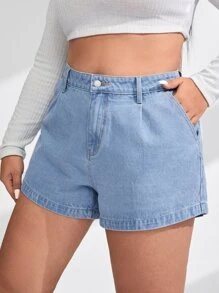SHEIN ICON Plus High Waist Wide Leg Denim Shorts, Mom Shorts - Light Wash - View 1