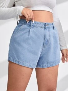 SHEIN ICON Plus High Waist Wide Leg Denim Shorts, Mom Shorts - Light Wash - View 3