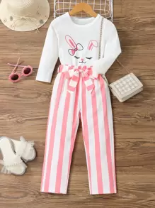 小女童卡通圖案T恤和條紋圖案腰帶長褲 - 彩色 - 查看 1