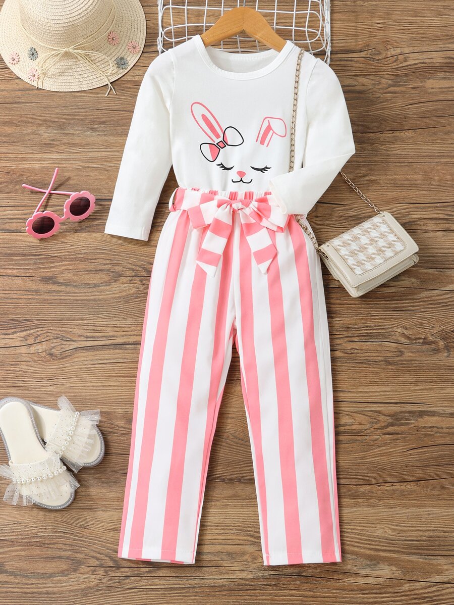 小女童卡通圖案T恤和條紋圖案腰帶長褲 - 彩色 - 查看 1