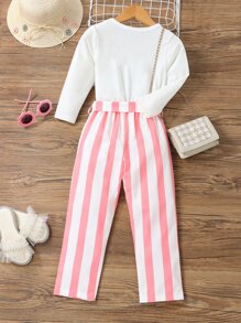 小女童卡通圖案T恤和條紋圖案腰帶長褲 - 彩色 - 查看 2