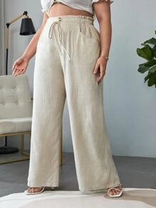 SHEIN LUNE 大碼腰部抽繩闊腿褲 - 米色 - 查看 4