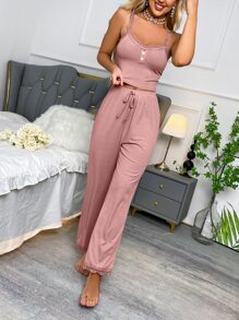 Fake Button Contrast Lace Tie Front PJ Set / Pajama Set - Dusty Pink - View 3