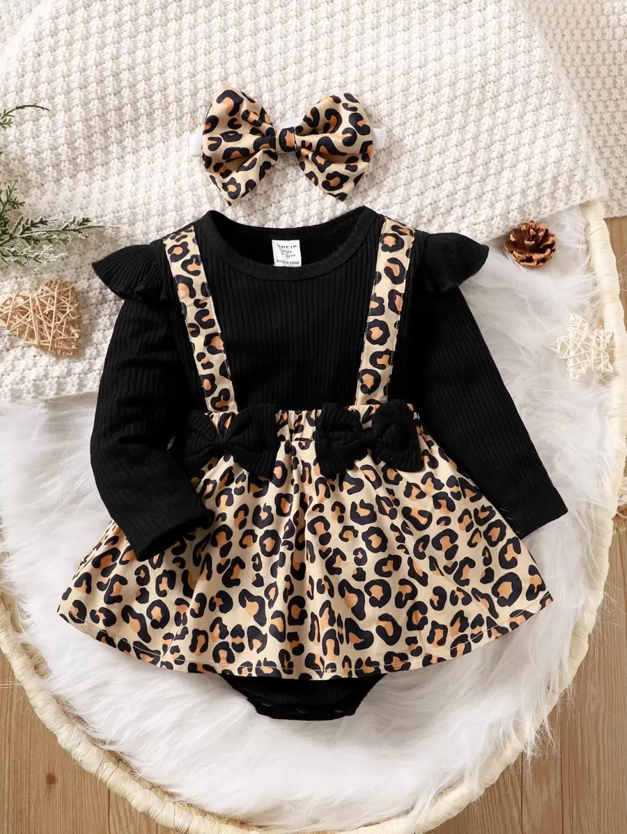 SHEIN Baby Girl Leopard Print Bow Front Combo Bodysuit Dress With Headband