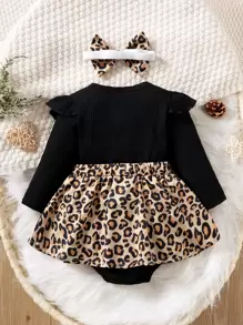 SHEIN Baby Girl Leopard Print Bow Front Combo Bodysuit Dress With Headband