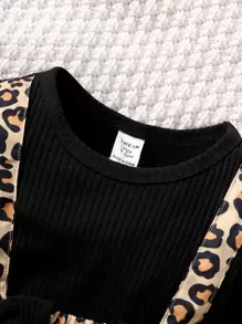 SHEIN Baby Girl Leopard Print Bow Front Combo Bodysuit Dress With Headband