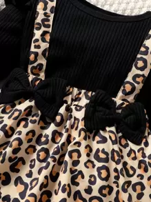 SHEIN Baby Girl Leopard Print Bow Front Combo Bodysuit Dress With Headband