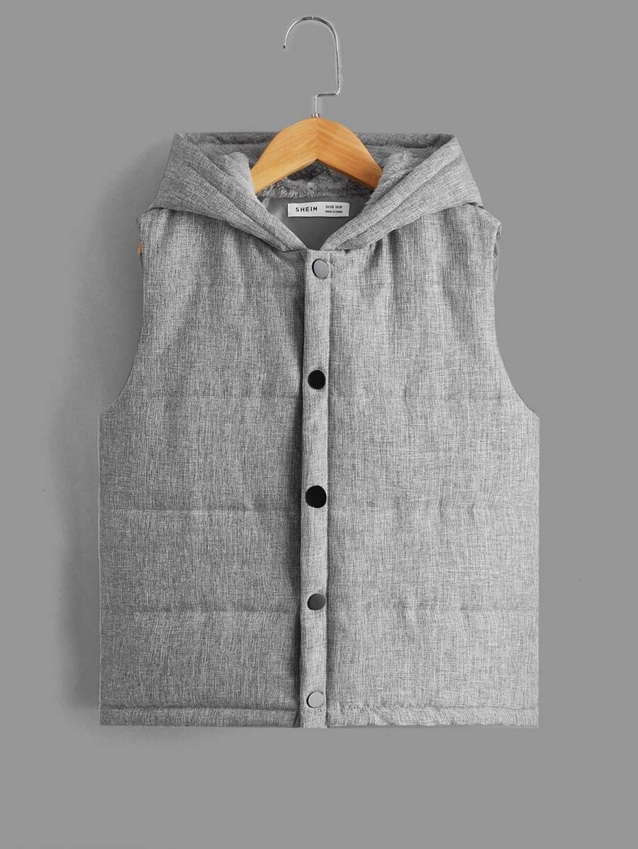 SHEIN Tween Boys Snap Button Hooded Padded Coat Without Pullover - Grey - View 1