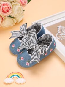 Baby Floral Pattern Bow Decor Mary Jane Flats - Blue - View 1