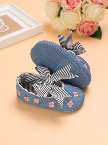 Baby Floral Pattern Bow Decor Mary Jane Flats - Blue - View 2