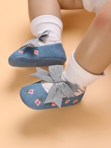 Baby Floral Pattern Bow Decor Mary Jane Flats - Blue - View 3