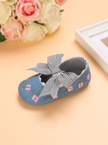 Baby Floral Pattern Bow Decor Mary Jane Flats - Blue - View 4