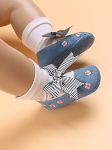 Baby Floral Pattern Bow Decor Mary Jane Flats - Blue - View 5