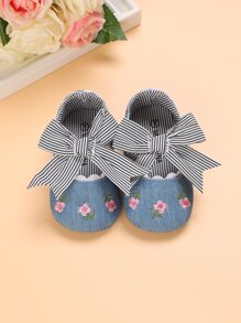Baby Floral Pattern Bow Decor Mary Jane Flats - Blue - View 6