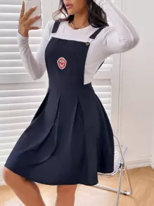 Patched Detail Pleated Hem Pinafore Dress - Navy Blue - View 1