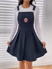 Patched Detail Pleated Hem Pinafore Dress - Navy Blue - View 4