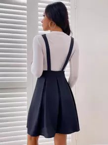 Patched Detail Pleated Hem Pinafore Dress - Navy Blue - View 2