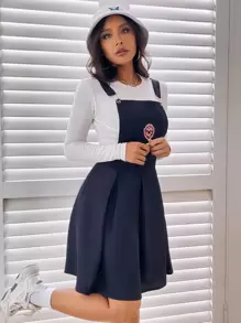 Patched Detail Pleated Hem Pinafore Dress - Navy Blue - View 3