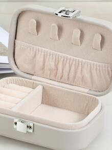 1pc Stitch Detail Jewelry Storage Box,Simple Solid Portable Jewelry Organizer Storage Case, Gift For Back To School - Grey - View 4