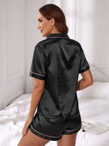 Snug Zone Contrast Piping Blouse & Bow Front Shorts PJ Set / Pajama Set Bow Tie - Black - View 2