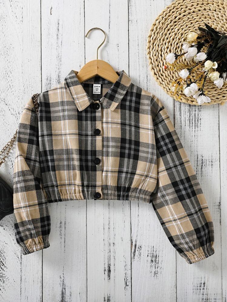 Girls 格子縞プリント ボタンフロント ジャケット - マルチカラー - 見る 1