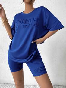 SHEIN Unity Bộ đồ hai mảnh nữ Lá thư Giải trí - Xanh đậm - Xem 1