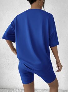 SHEIN Unity Bộ đồ hai mảnh nữ Lá thư Giải trí - Xanh đậm - Xem 2